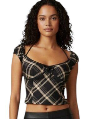 I.AM.GIA Plaid Crop Top Black Tan Bustier Off Shoulder S